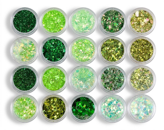 GV1096 20-Piece Green Mix Nail Art Glitter Collection – Holographic Chunky & Fine Glitter Sequins for Nails, Resin, Crafts & DIY Decoration