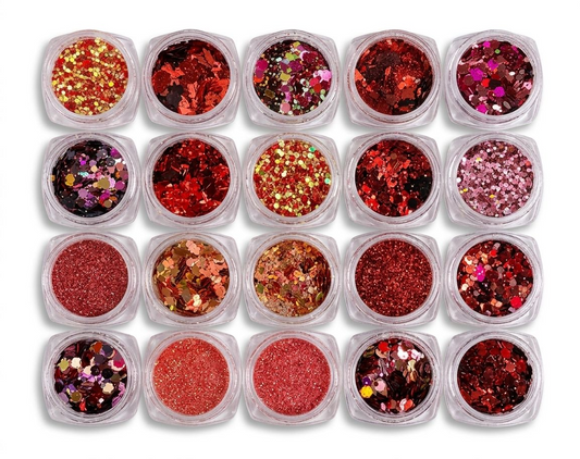 GV1099 20-Piece Red Glitter Nail Art Set – Holographic Chunky Glitter, Fine Glitter Powder & Valentine Confetti for Nails, Resin & DIY Crafts