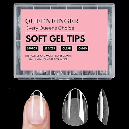 GV408 QUEENFINGER 240PCS Soft Gel Nail Tips with Box – Clear Gel X Nail Tips Full Cover Fake Nails Soft Acrylic Tips for Nail Extension Manicure at Home or Salon DIY Use for Women and Girls