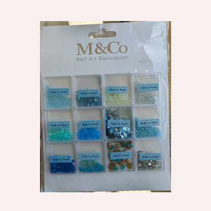 GV731 M&Co 12 in 1 Ocean Blue Nail Art Decoration Set – Glitter, Beads & Dried Flowers