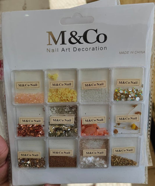 GV730 M&Co 12 in 1 Nail Art Decoration Set – Glitter, Beads & Dried Flowers