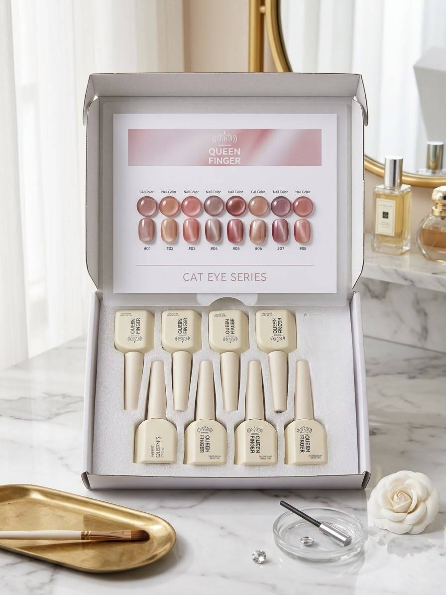 GV1198 QUEEN FINGER 8-Color Rose Nude Cat Eye Gel Polish Set – Pearl Pink & Dusty Mauve Magnetic Shimmer UV/LED Gel Nail Kit for Home & Salon Nail Art