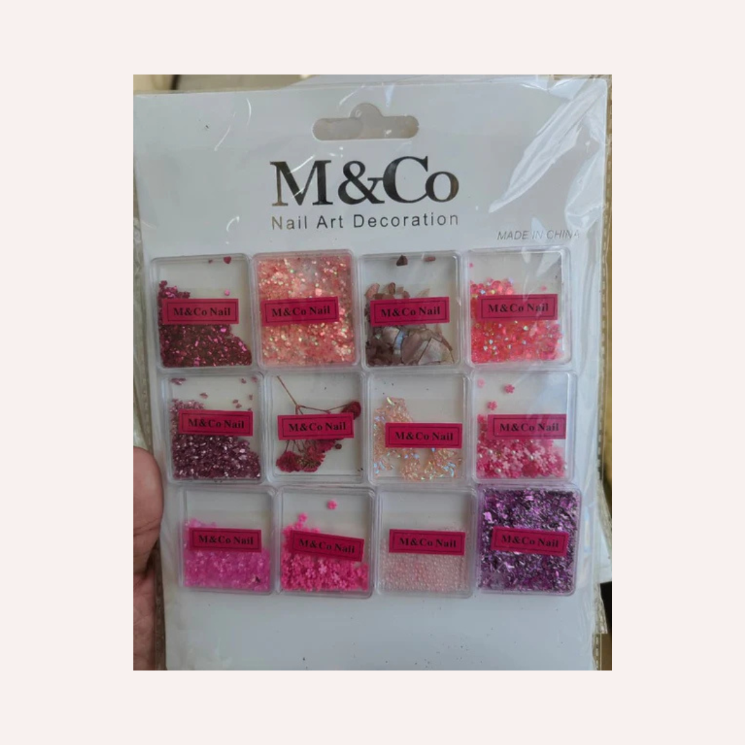 GV728 M&Co Nail Art Decoration Set – 12 Box Pink Glitter, Foil & Sequins Mix