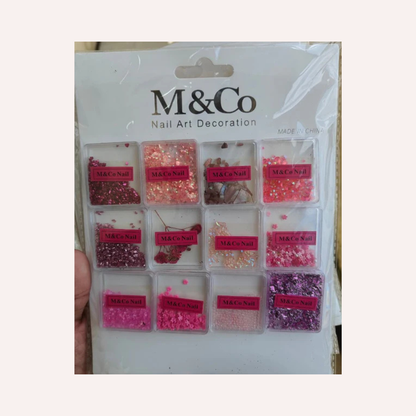 GV728 M&Co Nail Art Decoration Set – 12 Box Pink Glitter, Foil & Sequins Mix