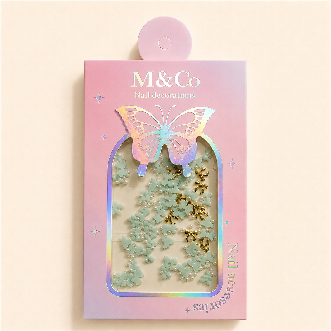 GV1180 M&Co 3D Mint Green Bow & Pearl Nail Art Decoration Set - Mixed Resin Bow Ties, Faux Pearls & Wire Bow Charms for Gel, Acrylic Nails & DIY Manicure