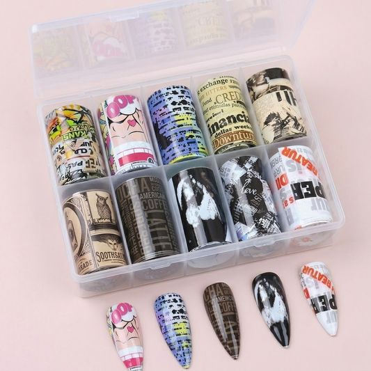 GV931 10pcs Vintage Newspaper & Graffiti Nail Foil Transfer Set – Retro Typography & Comic Print Nail Art Foils with Storage Box