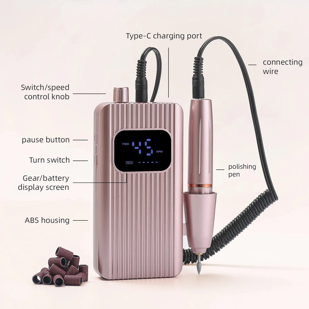 GV1208 QUEEN FINGER Portable Nail Drill Machine (45000 RPM) - Professional Rechargeable Electric E-File with Smart LED Display, Belt Clip & Variable Speed Control for Acrylic, Gel Nails & Pedicure (Color May Vary)