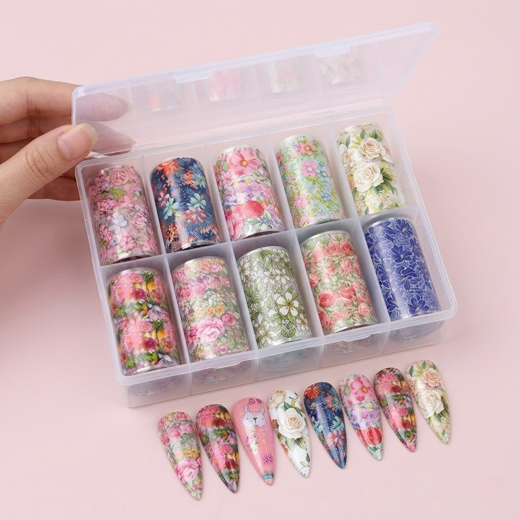 GV915 10pcs Floral Nail Foil Transfer Set – Mixed Flower Nail Art Foils with Storage Box for Gel Polish & DIY Nail Decoration