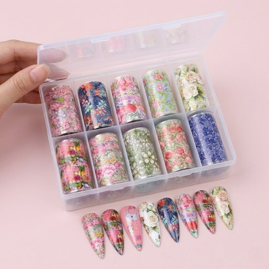 GV915 10pcs Floral Nail Foil Transfer Set – Mixed Flower Nail Art Foils with Storage Box for Gel Polish & DIY Nail Decoration
