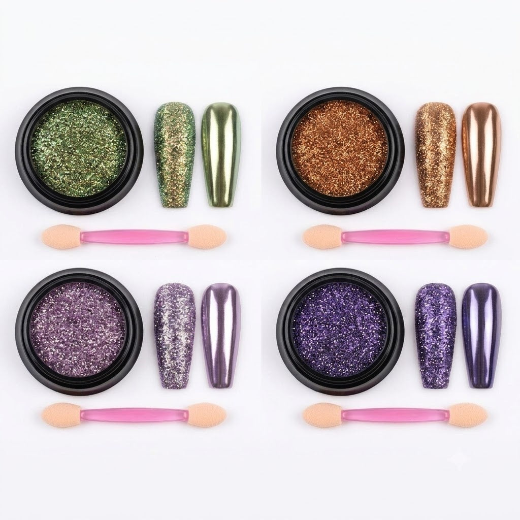 GV854 4 Colors Metallic Mirror & Glitter Nail Powder Set - Chrome & Sequined Effect Nail Art Pigment Dust with Applicator Brushes for Gel, Acrylic Nails & DIY Manicure