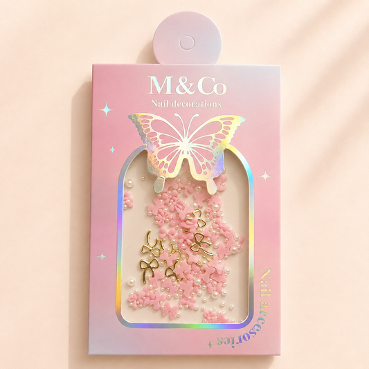GV1175 M&Co 3D Pink Bow & Pearl Nail Art Decoration Set - Mixed Resin Bow Ties, Faux Pearls & Wire Bow Charms for Gel, Acrylic Nails & DIY Manicure