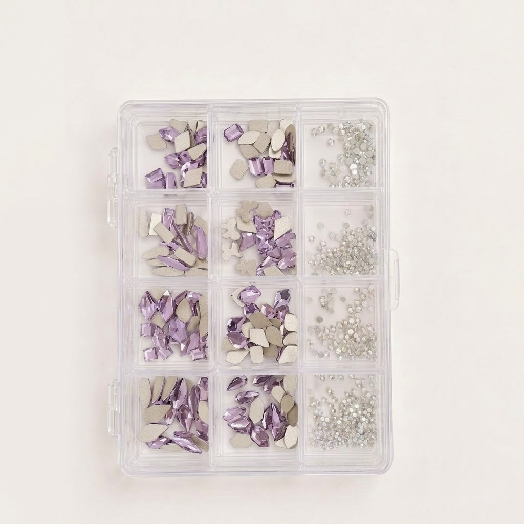 GV1161 12 Compartments Lavender & Clear Rhinestone Nail Art Decoration Set, Mixed Shapes & Sizes, Crystal Nail Charms for Gel Nails, Acrylic Nails, Manicure & DIY Nail Art