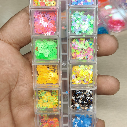 GV809 12-Color Neon Daisy & Star Nail Art Sequin Box – Mixed Floral & Star Shaped Glitter Set