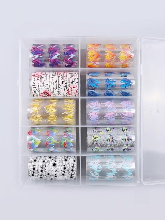 GV932 10pcs Mixed Designer Nail Foil Transfer Set – Floral, Abstract & Mandala Nail Art Foils with Storage Box