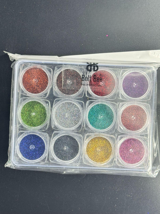 Bolt Bee Fine Glitter Powder Set (12 Pots) | Multi-Color Nail Art Dust