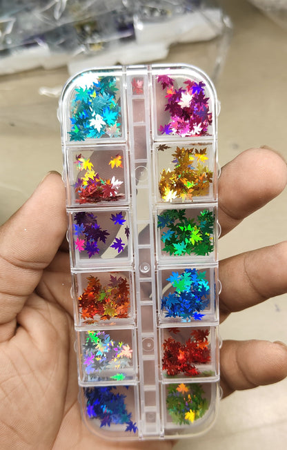 GV785 12-Grid Holographic Maple Leaf Nail Art Sequin Box – Metallic Glitter Shapes for DIY Nails