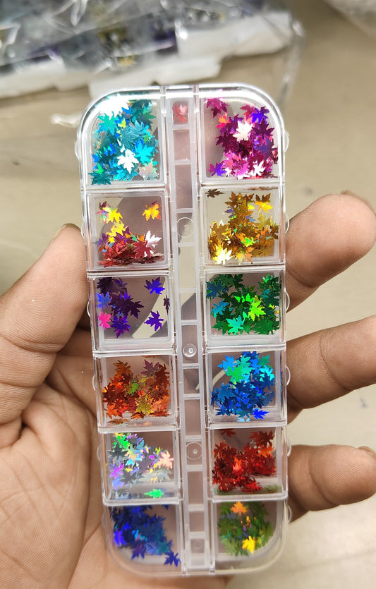GV785 12-Grid Holographic Maple Leaf Nail Art Sequin Box – Metallic Glitter Shapes for DIY Nails