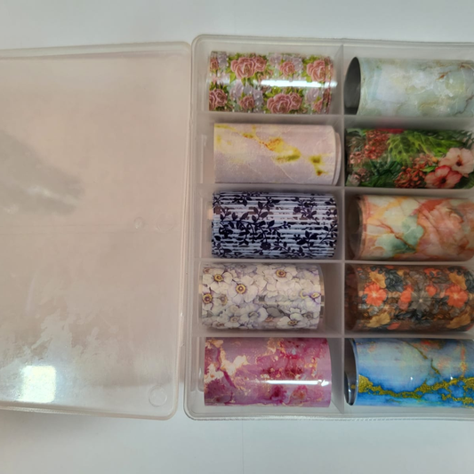 GV930 10pcs Mixed Floral & Marble Nail Foil Transfer Set – Luxury Flower & Abstract Nail Art Foils with Storage Box