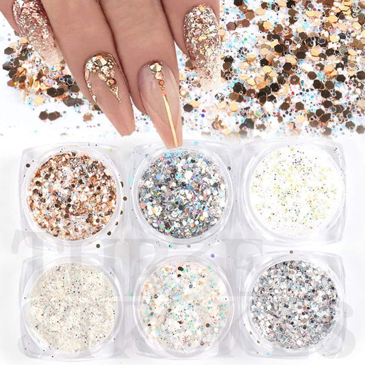 gv174 THR3E STROKES Holographic Nail Art Kits 6 Boxes 3D Glitter Metallic Shining Flakes Acrylic Powder Dust Sequins Decoration Holographic Manicure Tips (Vintage Color) (D34)