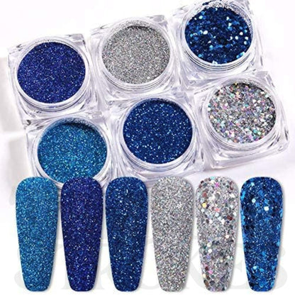 GV169 THR3E STROKES 6 Boxes Holographic Nails Glitter Powder Nail Art Supplies Metallic Shining Flakes Blue Silver Nail Glitter Set for Nails Art Decoration (D39)