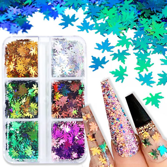 GV171 THR3E STROKES 6 Colors Holographic Glitters Fall Maple Leaf Shaped Nail Art Sequins Flakes 3D Aurora Gradient Nail Maple Leaf Sequins DIY Design Confetti for Decoration (D37)