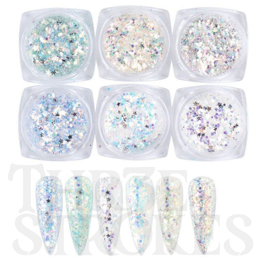 gv175 THR3E STROKES Holographic Nail Art Sequins Glitter Kits 6 Boxes 3D Nails Glitter Metallic Shining Flakes Acrylic Powder Dust Sequins for Nails Decoration Holographic Manicure Tips (Mixed Color - Fresh) (D32)