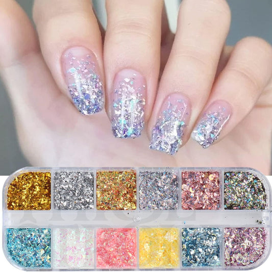 GV172 THR3E STROKES 2 Colors Glitter Nail Art Sequins, Holographic Irregular Iridescent Shiny Nail Flakes Decorations 3D Ultra-Thin Powder Nail Art Design for Women Manicure Sparkly Acrylic Supplies, Resin Nail Art Tips (D36)