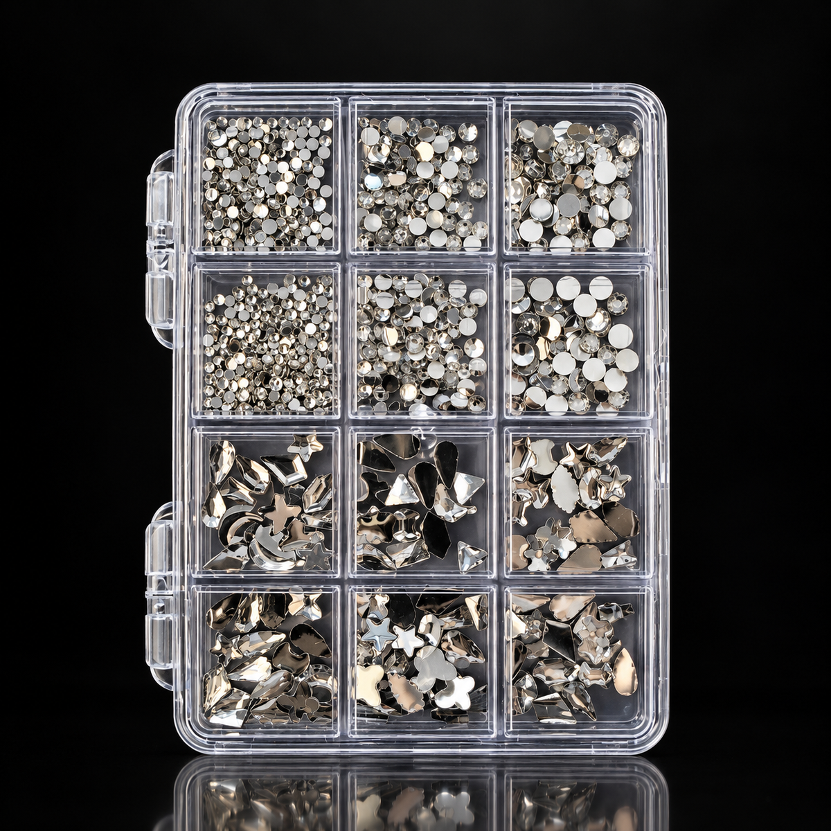 GV1223 12-Grid Silver Crystal Rhinestones & 3D Nail Art Charms Kit – Mixed-Size Flatback Gems with Decorative Metal Shapes