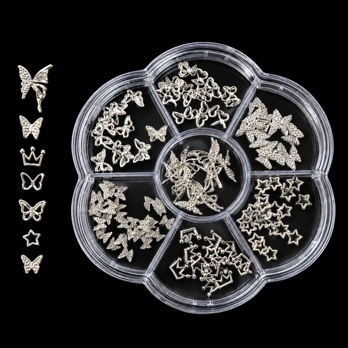 GV1211 3D Silver Metal Nail Art Charms Set - 7-Grid Flower Storage Case with Butterfly, Crown, Star, Bowknot & Dragonfly Metallic Alloy Charms for Acrylic, Gel Nails & DIY Crafts ( Design May Vary )