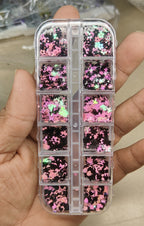 GV789 12-Grid Pink & Black Nail Art Sequin Box – Holographic Stars, Hearts, Moons & Shape Mix