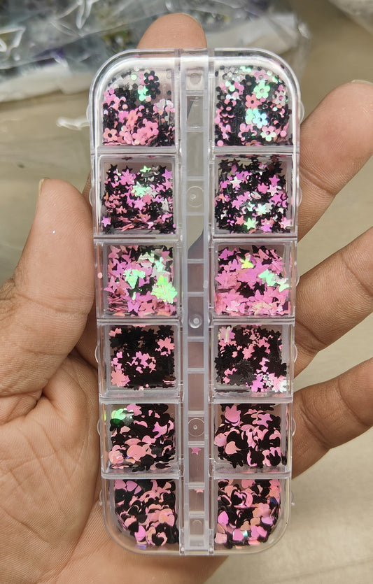 GV789 12-Grid Pink & Black Nail Art Sequin Box – Holographic Stars, Hearts, Moons & Shape Mix