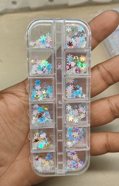 GV790 12-Grid Holographic Pastel Nail Art Sequin Box – Snowflakes, Stars, Hearts & Mixed Shapes