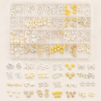 GV1103 24-Grid 3D Nail Art Charms & Rhinestones Organizer Set – White, Cream, and Yellow Floral, Bow, and Pearl Gems Kit for DIY Manicures and Crafts