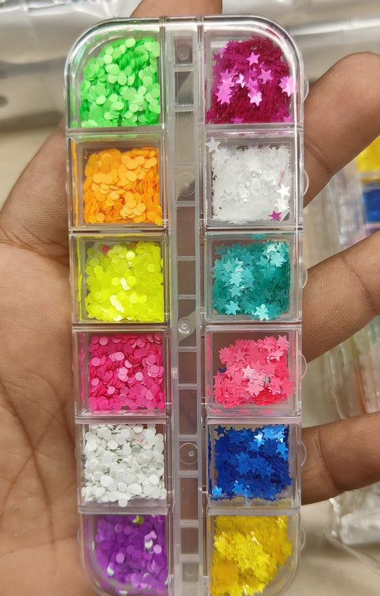 GV791 12-Grid Neon Nail Art Sequin Box – Round Dot & Star Shape Mix for DIY Gel & Acrylic Nails