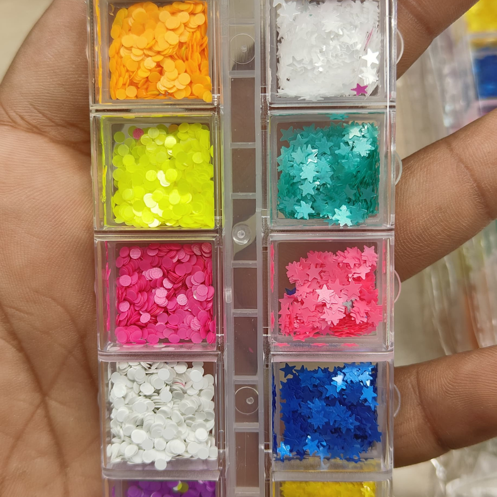 GV791 12-Grid Neon Nail Art Sequin Box – Round Dot & Star Shape Mix for DIY Gel & Acrylic Nails