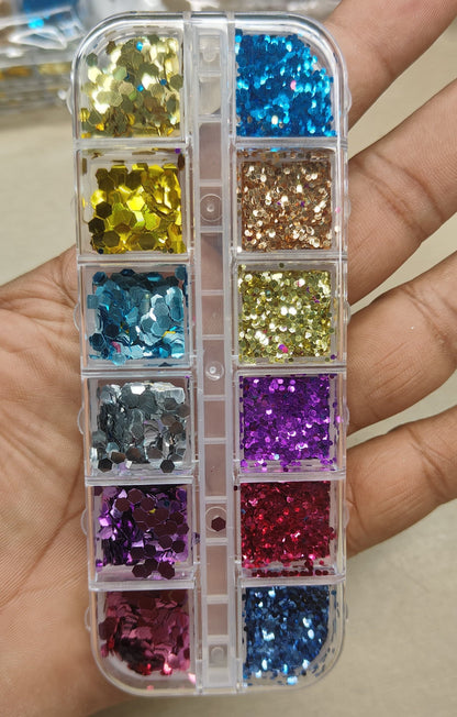 GV792 12-Grid Chunky Hexagon Nail Art Glitter Box – Metallic & Holographic Mix for Gel & Acrylic Nails
