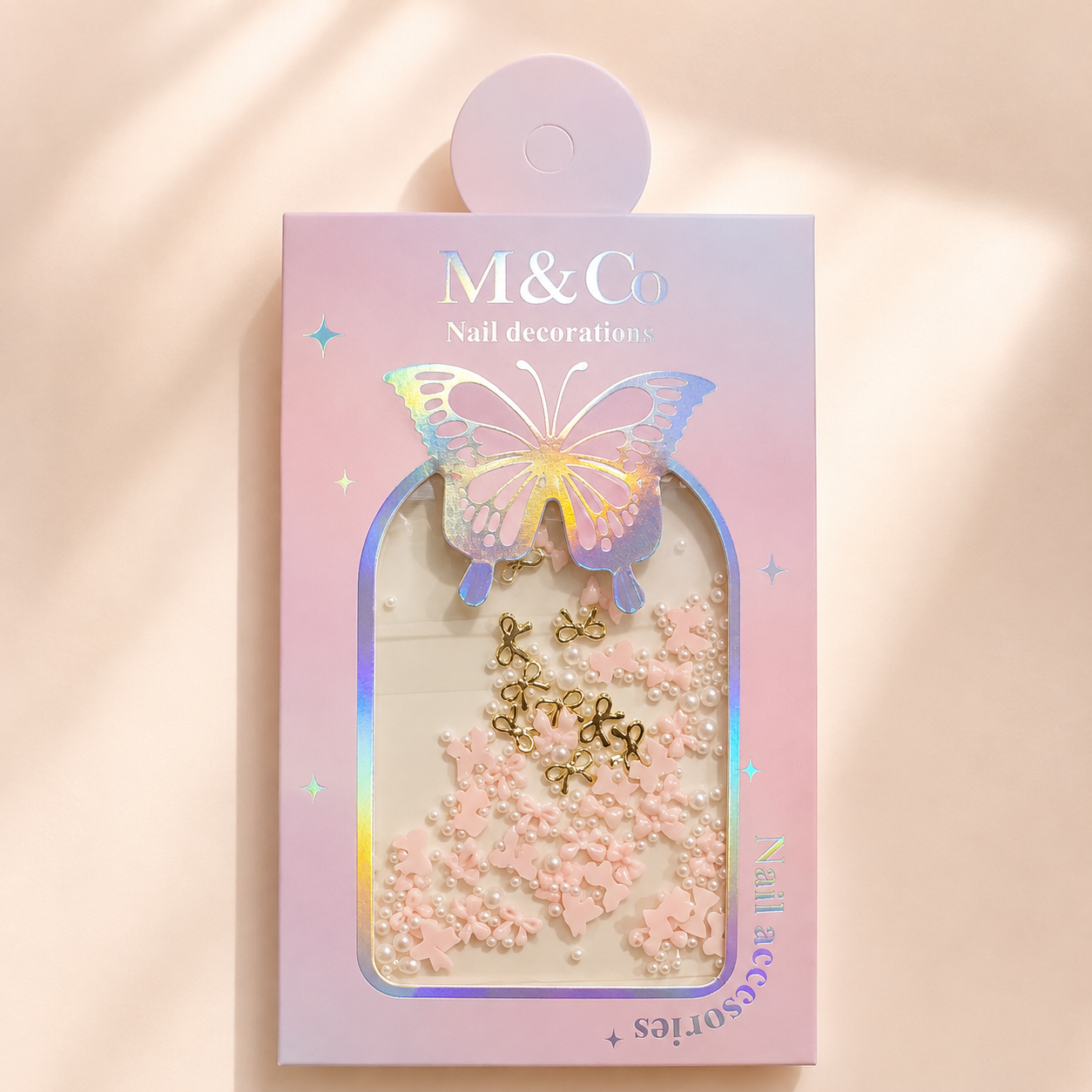 GV1179 M&Co 3D Light Peach Bow & Pearl Nail Art Decoration Set - Mixed Resin Bow Ties, Faux Pearls & Wire Bow Charms for Gel, Acrylic Nails & DIY Manicure