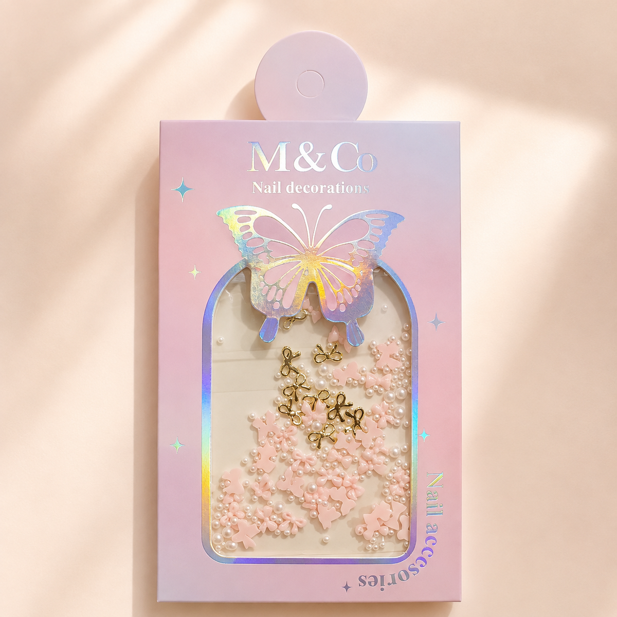 GV1179 M&Co 3D Light Peach Bow & Pearl Nail Art Decoration Set - Mixed Resin Bow Ties, Faux Pearls & Wire Bow Charms for Gel, Acrylic Nails & DIY Manicure
