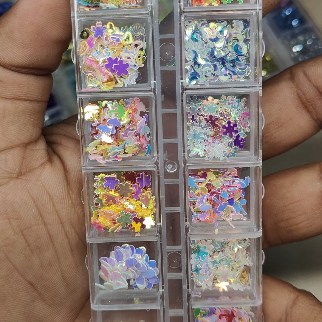 GV795 Holographic Puzzle & Mixed Shape Nail Art Sequins Box – 12-in-1 Iridescent Glitter Set