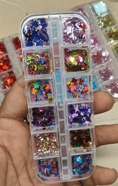 GV798 12-Color Holographic Nail Glitter Mix Box – Stars, Maple Leaves & Iridescent Shapes for Gel, Acrylic & DIY Nail Art
