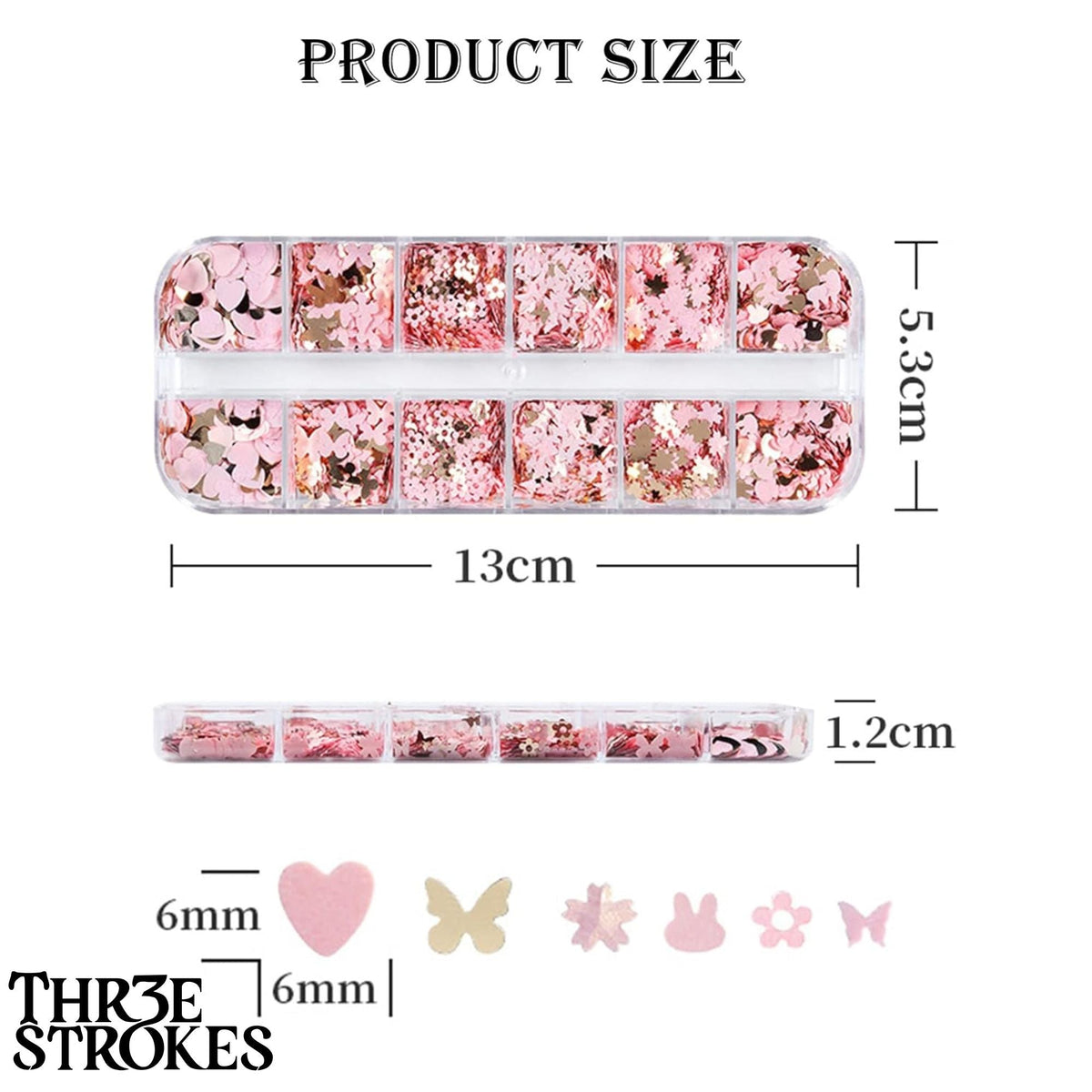 GV167 THR3E STROKES 12 Grids Holographic Nail Glitter, Wsimily Butterfly Flower Heart Rabbit Pink Gold Nail Art Sequins Glitter for Acrylic Nails Design Paillettes Shining Flake Glitter Valentine's Day Nail Decoration (D41)