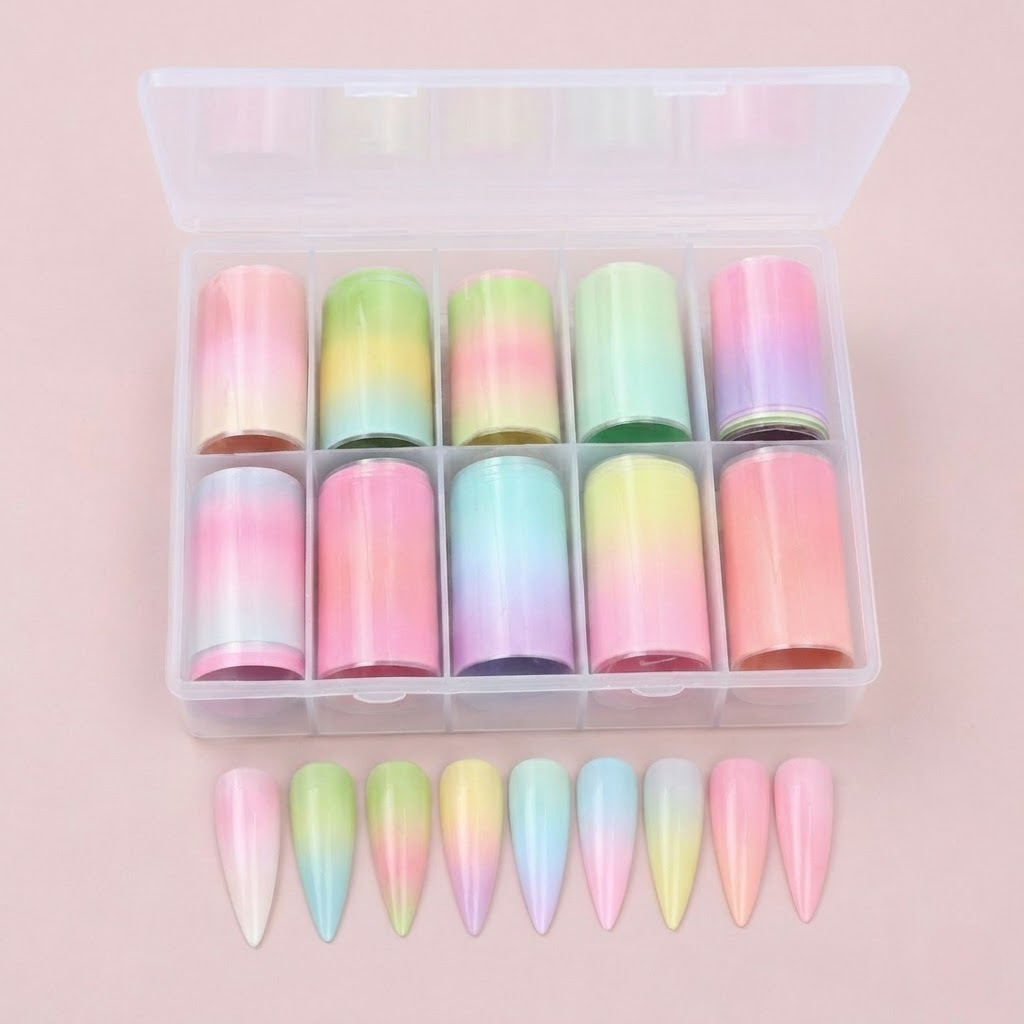 GV920 10pcs Pastel Gradient Nail Foil Transfer Set – Ombre Rainbow Nail Art Foils with Storage Box for Gel Polish & DIY Manicure
