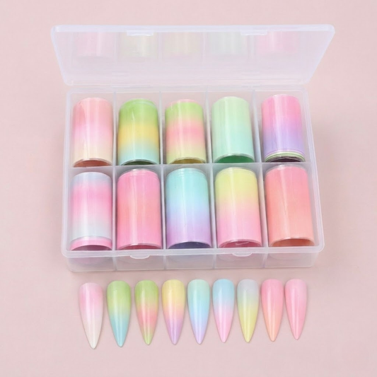 GV920 10pcs Pastel Gradient Nail Foil Transfer Set – Ombre Rainbow Nail Art Foils with Storage Box for Gel Polish & DIY Manicure