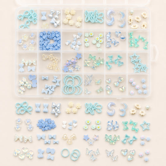 GV1106 24-Grid 3D Nail Art Charms Kit – Pastel Blue, Mint, and Cream Ocean Dream Collection featuring Bows, Pearls, Butterflies, and Flowers for DIY Manicures and Crafts