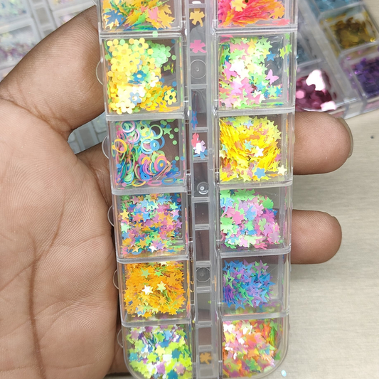 GV784 12-Grid Neon Flower & Star Nail Art Sequin Box – Multi-Shape Holographic Glitter Mix for DIY Nails