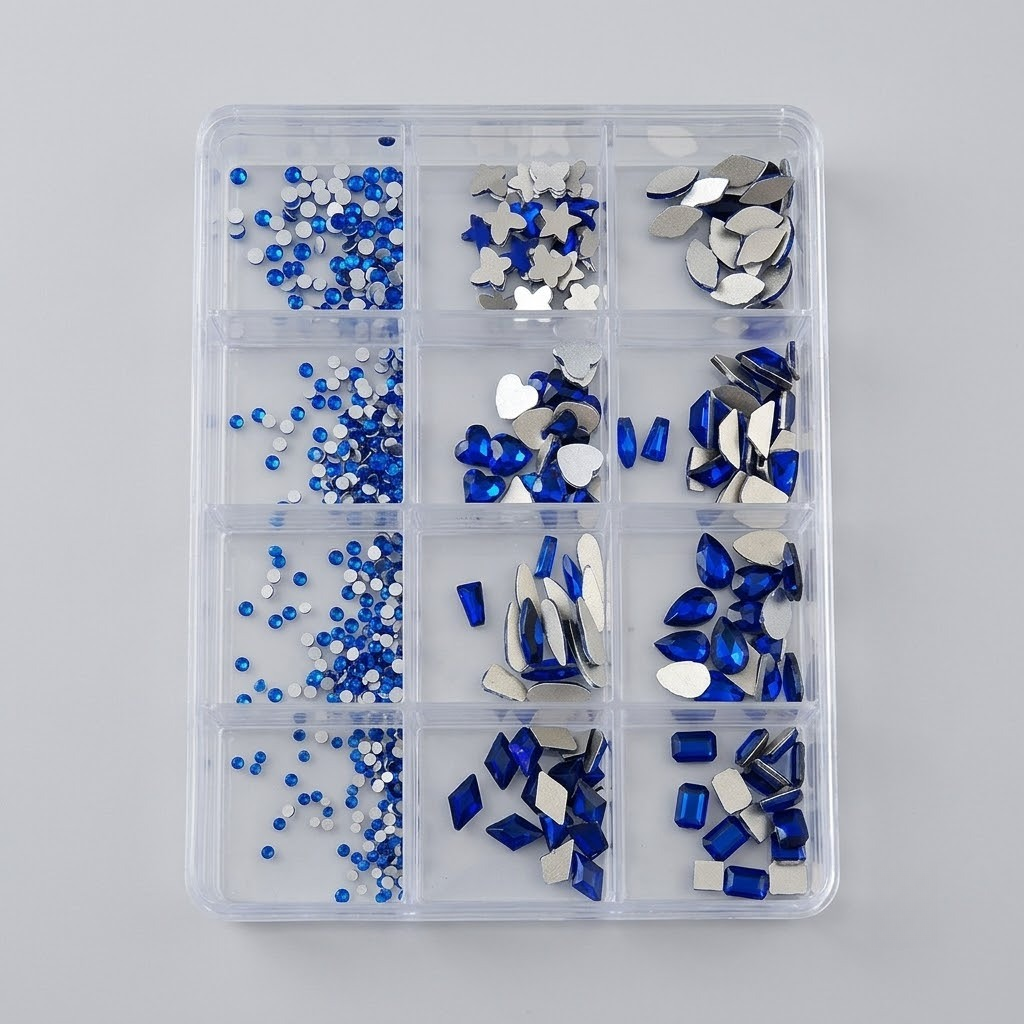 GV1158 12 Compartments Royal Blue & Silver Rhinestone Nail Art Decoration Set, Mixed Shapes & Sizes Crystal Nail Charms for Gel Nails, Acrylic Nails, Manicure & DIY Nail Art