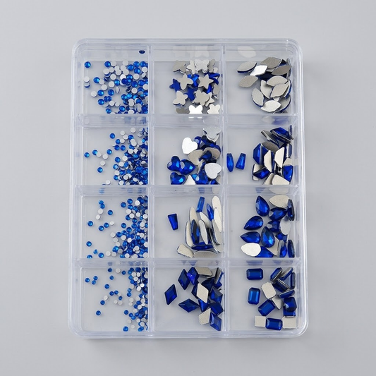 GV1158 12 Compartments Royal Blue & Silver Rhinestone Nail Art Decoration Set, Mixed Shapes & Sizes Crystal Nail Charms for Gel Nails, Acrylic Nails, Manicure & DIY Nail Art