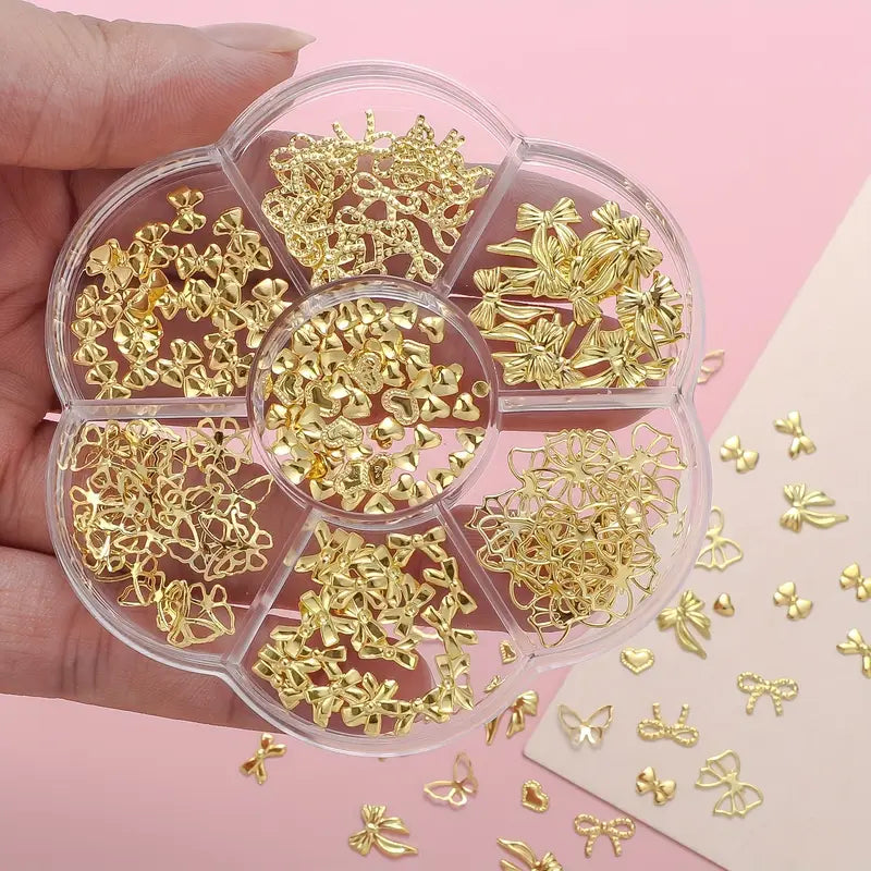 GV753 Celebrity Trendy Alloy Bowknot Nail Art Accessories – Luxury 3D Metal Bow & Heart Charms for DIY Manicure Decoration Box