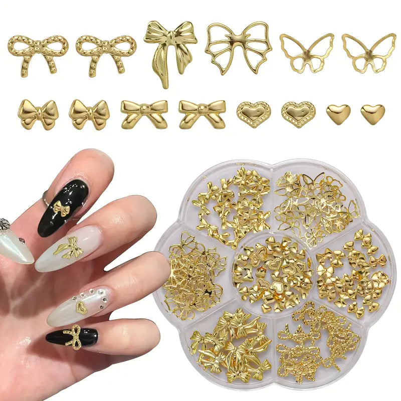 GV753 Celebrity Trendy Alloy Bowknot Nail Art Accessories – Luxury 3D Metal Bow & Heart Charms for DIY Manicure Decoration Box
