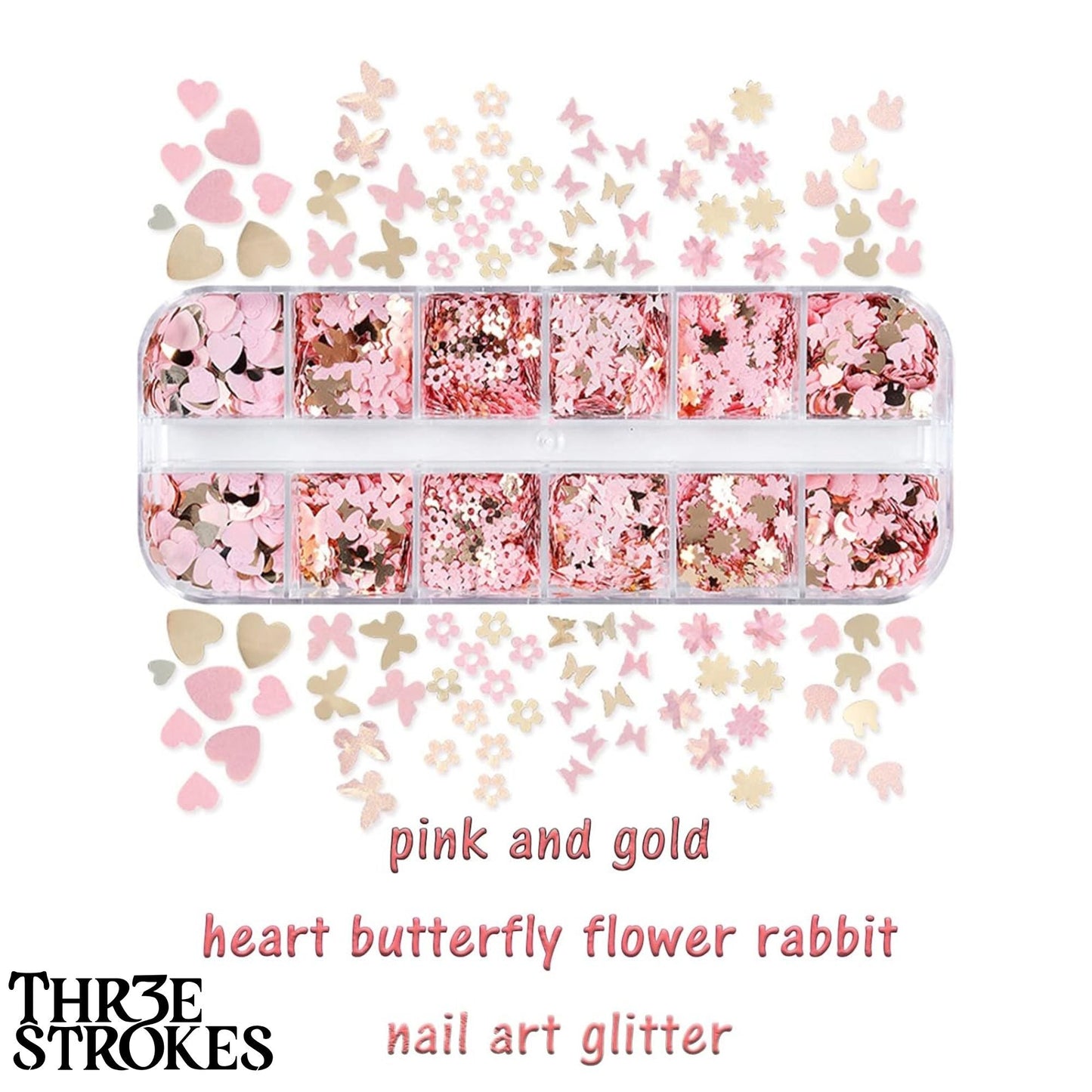GV167 THR3E STROKES 12 Grids Holographic Nail Glitter, Wsimily Butterfly Flower Heart Rabbit Pink Gold Nail Art Sequins Glitter for Acrylic Nails Design Paillettes Shining Flake Glitter Valentine's Day Nail Decoration (D41)